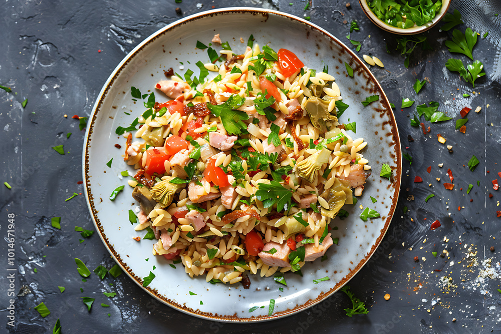 Mediterranean Orzo Salad with tuna artichoke on a plate top view Mediterranean Orzo Salad with tuna artichoke on a plate top view