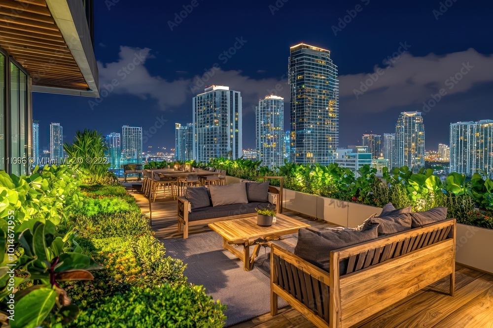 Fototapeta premium Chic urban rooftop with modern wooden furniture and vibrant greenery, overlooking Miami's skyline at night