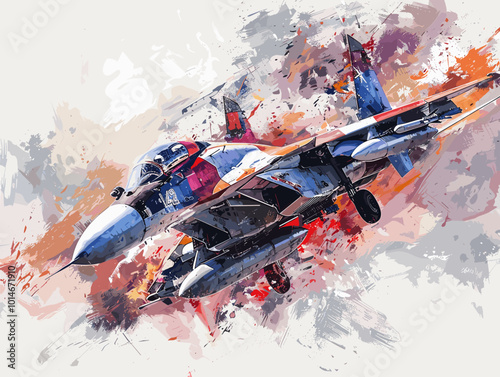 A fighter jet is painted in a very detailed and realistic manner. The painting captures the essence of the jet's speed and power, as well as the excitement
