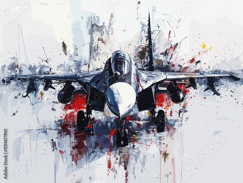 A fighter jet is painted in a very detailed and realistic manner. The painting captures the essence of the jet's speed and power, as well as the excitement