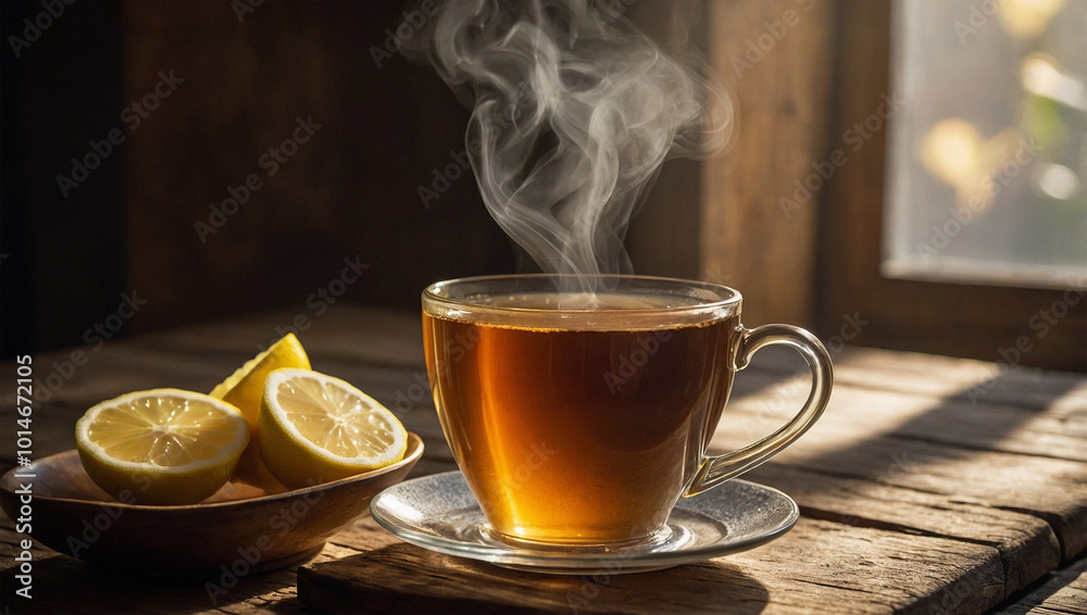 Steaming cup of ginger tea with a slice of lemon, placed on a rustic wooden table with soft morning light. Steaming cup of ginger tea with a slice of lemon, placed on a rustic wooden table with soft morning light.