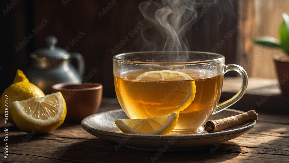 Steaming cup of ginger tea with a slice of lemon, placed on a rustic wooden table with soft morning light. Steaming cup of ginger tea with a slice of lemon, placed on a rustic wooden table with soft morning light.