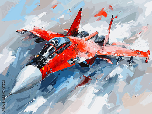 A fighter jet is painted in a very detailed and realistic manner. The painting captures the essence of the jet's speed and power, as well as the excitement