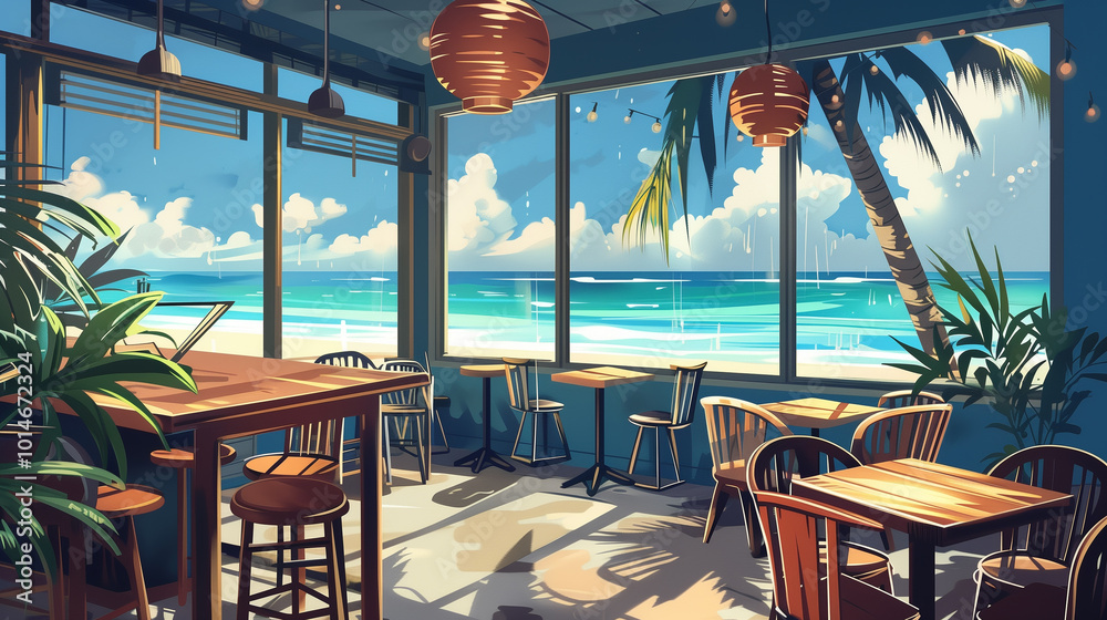 Fototapeta premium Beachside Cafe with Wooden Tables and Chairs