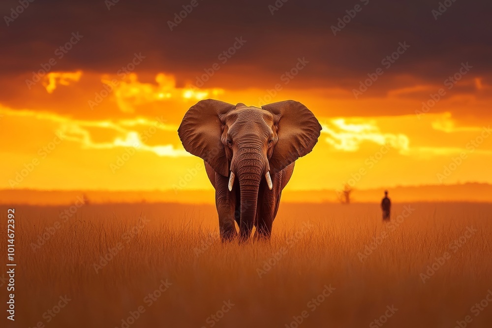 Obraz premium A majestic African elephant stands silhouetted against a glowing, dramatic sunset in the savanna.