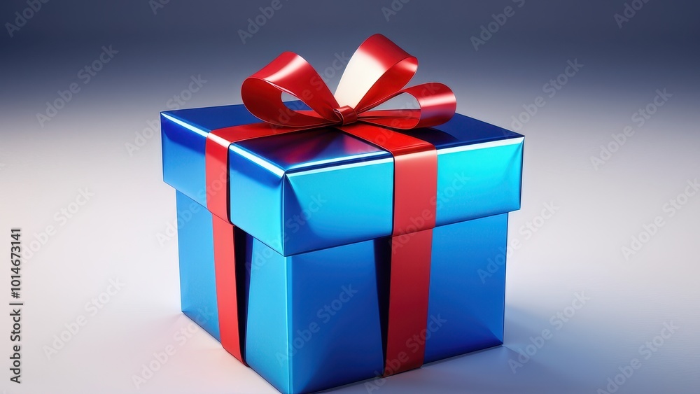 Obraz premium A shiny blue gift box with a red ribbon and bow, symbolizing celebration and surprise.