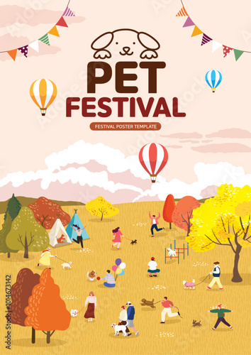 People and dogs enjoying a dog festival at a park with autumn leaves at sunset
