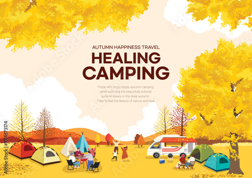 People enjoying camping in a golden field under the yellow autumn leaves
