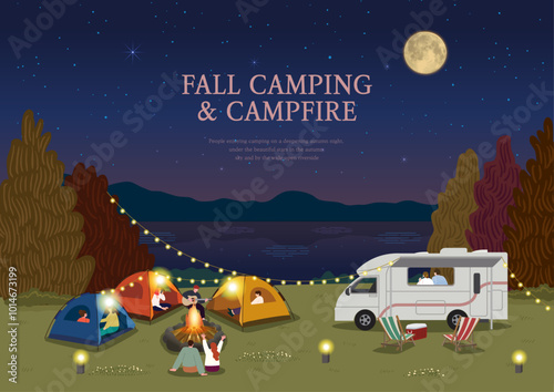 People enjoying camping and campfire by the river on an autumn night
