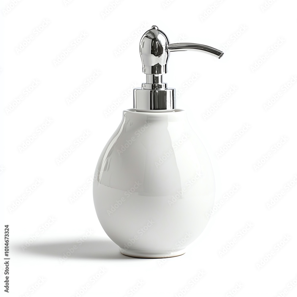 Obraz premium Elegant white soap dispenser with a sleek chrome pump, emphasizing modern bathroom decor.