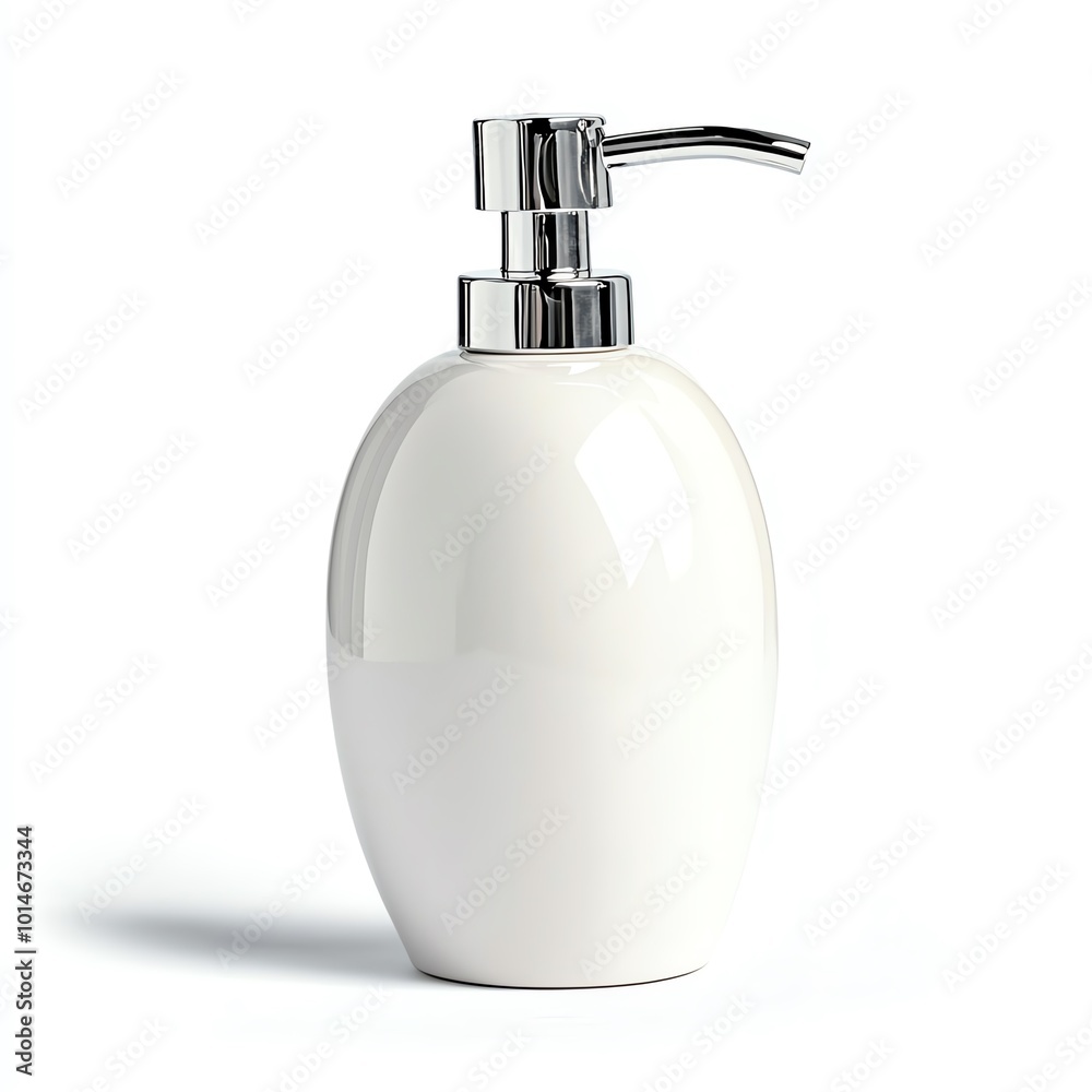 Fototapeta premium Elegant white soap dispenser with shiny chrome pump on a light background.
