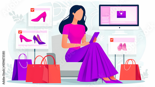 Stylish woman sitting on a couch using her phone for online shopping, surrounded by colorful shopping bags and product displays of shoes on computer screens