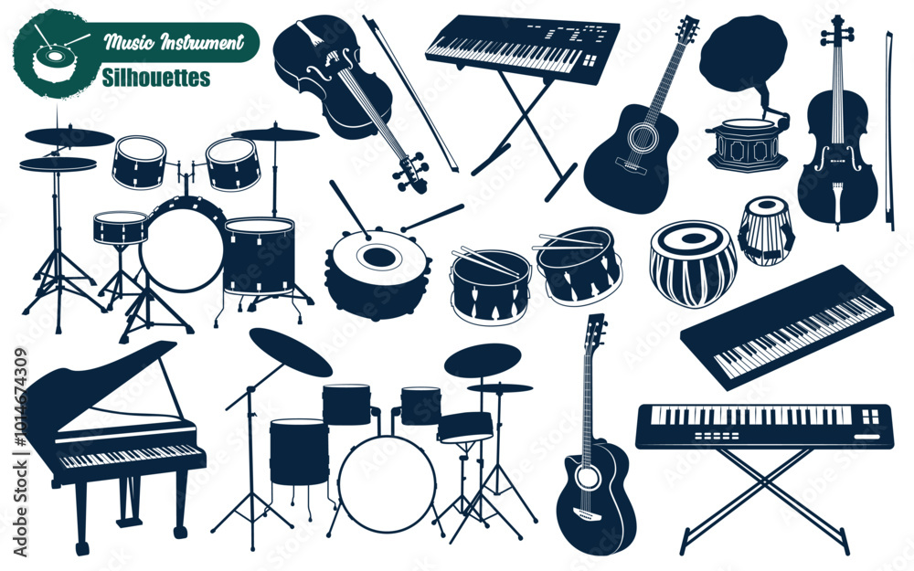 Obraz premium Musical or music instrument silhouettes vector illustration
