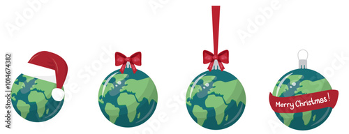 Global Christmas Ornaments. Earth Baubles Collection Illustration. Set of four festive Earth globe Christmas ornaments. symbolizing worldwide celebration and global unity during the season