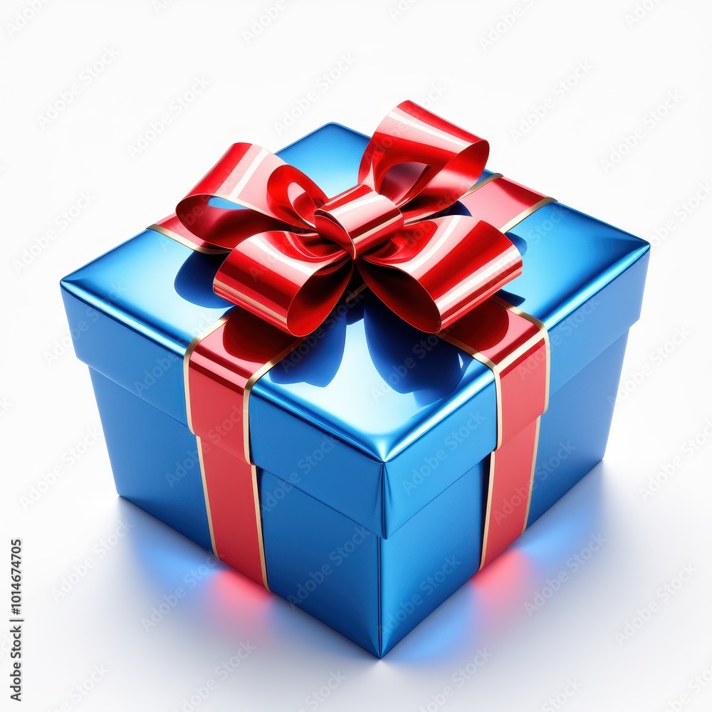 Obraz premium A shiny blue gift box adorned with a red ribbon and bow, symbolizing celebration and giving.