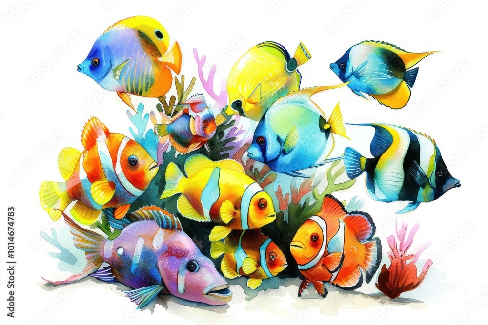 Fototapeta premium School of colorful fish Swimming in the coral reef on a white background --ar 3:2 Job ID: 38f5c0ae-62be-4b73-9219-ce4bde86b63b