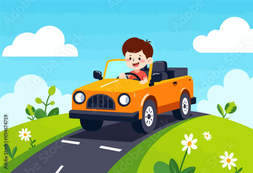Boy driving a car on a hilltop road