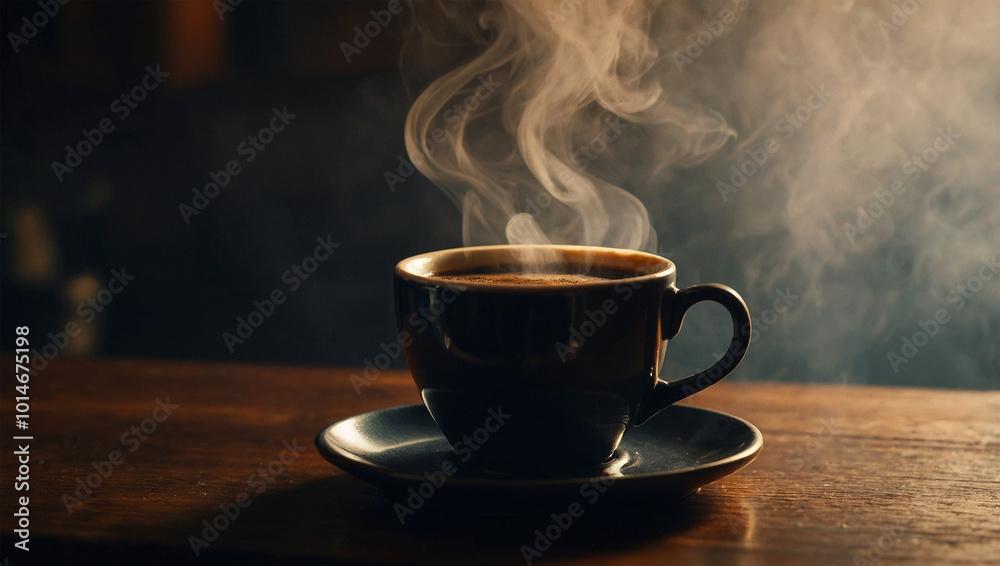 Hot cup of black coffee in a ceramic mug, with steam rising against a cozy, dimly lit background. Hot cup of black coffee in a ceramic mug, with steam rising against a cozy, dimly lit background.