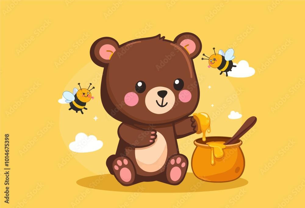Obraz premium Cute Bear Dipping Paw in Honey Pot with Bees