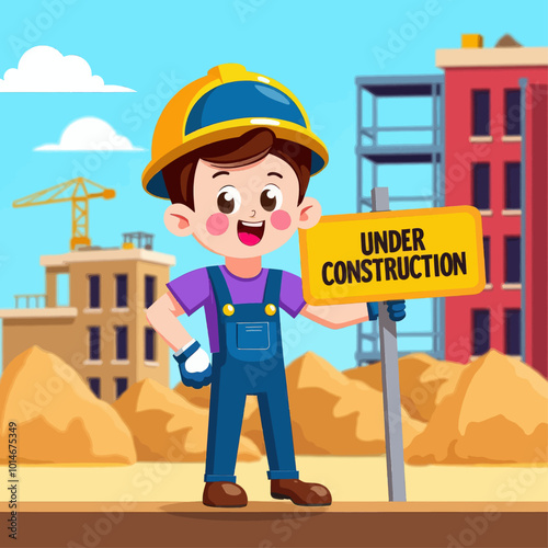 Construction Worker Holding Under Construction Sign  
