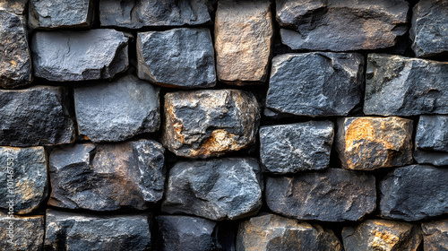 The texture of the gray stone wall made up of many small, rough stones stacked together, creating a rustic and natural appearance. 