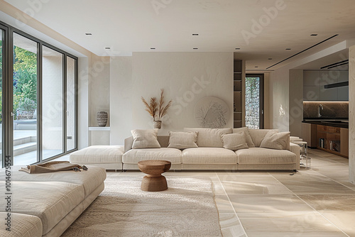 Minimalist interior design with a harmonious blend of neutral tones and clean, functional elements. Perfect for showcasing modern, stylish, and organized living or workspace environments