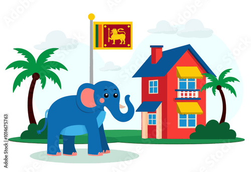 Elephant and House in Sri Lanka Scene 

