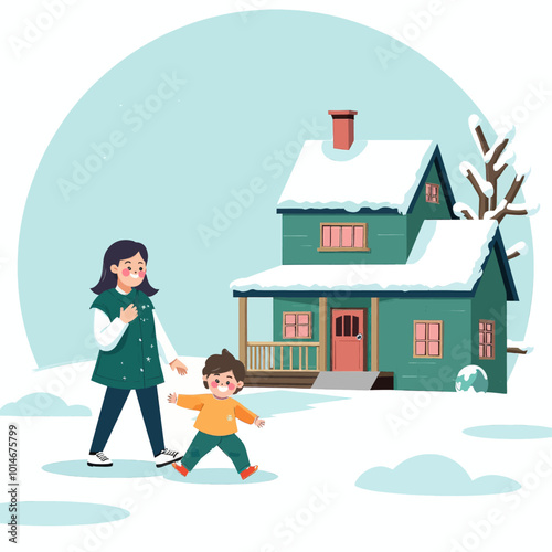 Family walking in snowy winter landscape 
