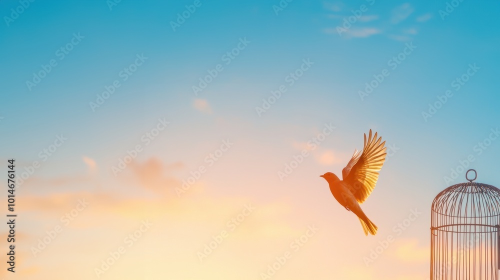 Fototapeta premium Bird flying against sunset sky, cage in view