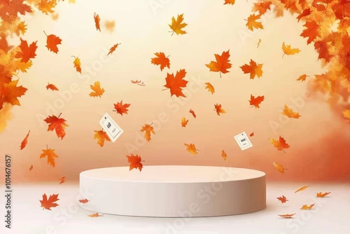 Autumn sale podium with falling leaves, discount tags. Empty pedestal, Fall sale advertising banner. Thanksgiving or seasonal marketing materials. Vector illustration. 3D design - generative ai