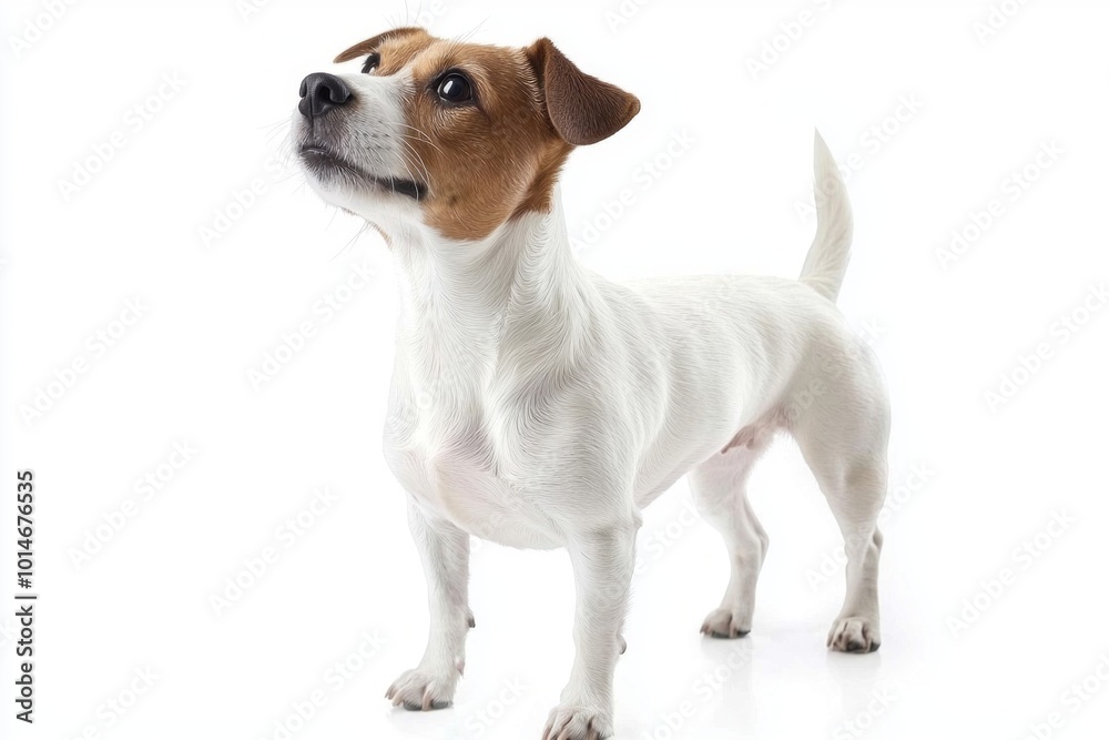 lively Jack Russell Terrier stands tall with its ears perked up, exuding alertness and curiosity against a bright white backdrop, highlighting its athletic build and playful demeanor. lively Jack Russell Terrier stands tall with its ears perked up, exuding alertness and curiosity against a bright white backdrop, highlighting its athletic build and playful demeanor.