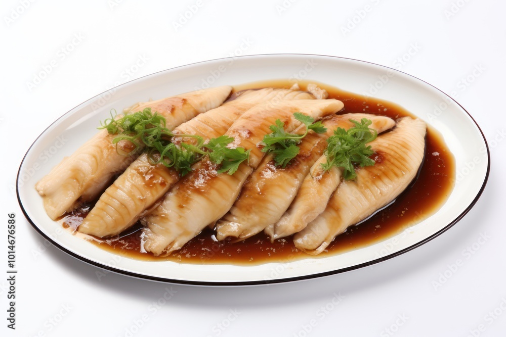 Steamed fish with soy sauce Isolated pieces on a white background Shows the fish's soft white flesh. Soy sauce that clearly absorbs into the meat, isolated on a white background Steamed fish with soy sauce Isolated pieces on a white background Shows the fish's soft white flesh. Soy sauce that clearly absorbs into the meat, isolated on a white background