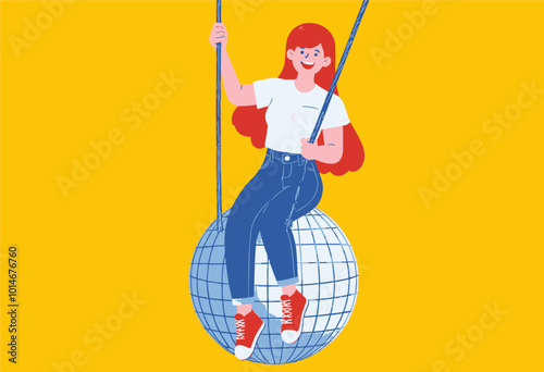 Illustration of Girl on Swinging Globe
