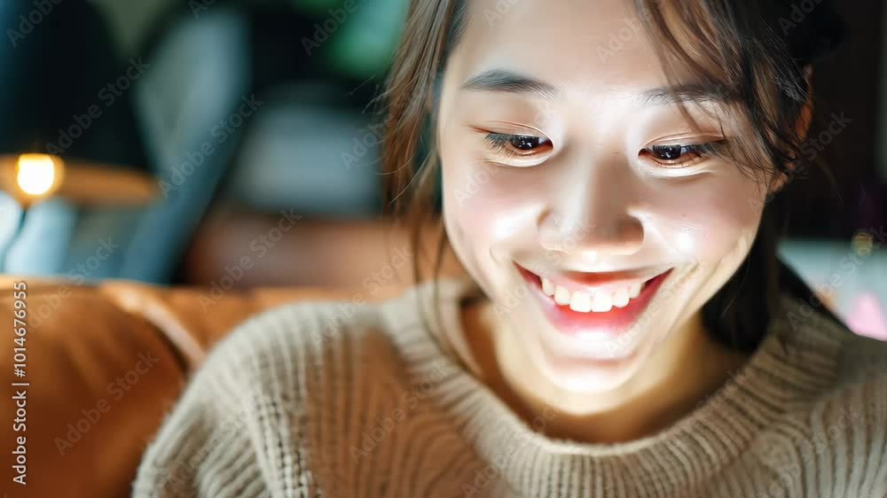 Close Up Portrait of Smiling Young Beauty Casual Asian Woman Sitting Relaxing at Home and Using Smartphone Close Up Portrait of Smiling Young Beauty Casual Asian Woman Sitting Relaxing at Home and Using Smartphone