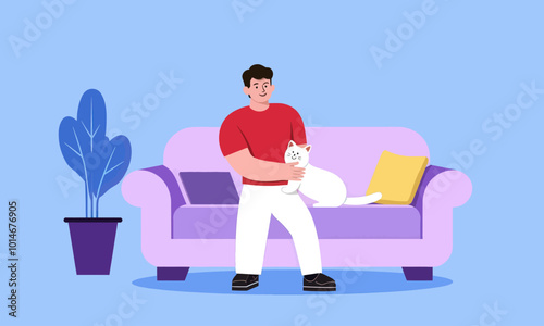 Man Holding White Cat on Purple Sofa