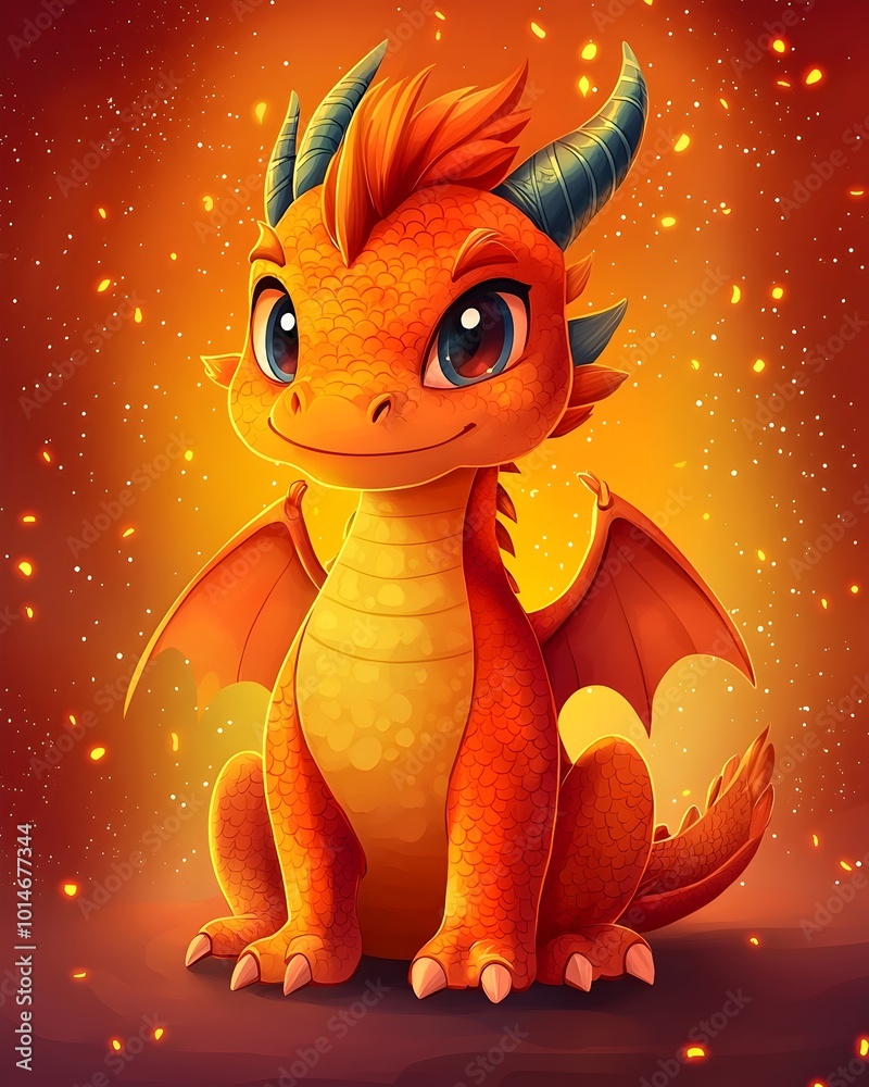 A friendly cartoon dragon with orange scales, blue horns, and a bright smile sits in a magical, glowing setting. A friendly cartoon dragon with orange scales, blue horns, and a bright smile sits in a magical, glowing setting.