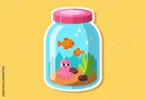 Octopus and Fish in Jar Illustration 
