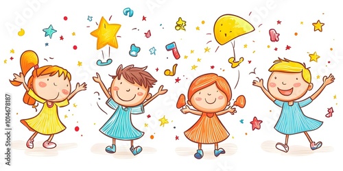 Four happy children with bright smiles celebrate with their arms raised high in a playful scene full of colorful stars and confetti.