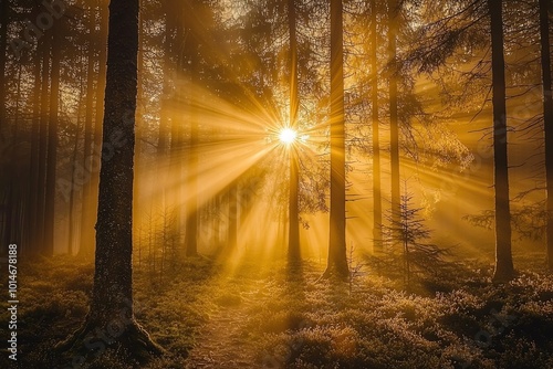 Golden sunburst through misty forest canopy, rays illuminating forest floor