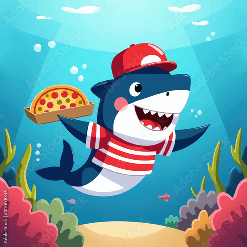 Smiling Shark Delivering Pizza Underwater 
