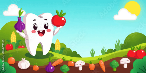 Smiling Tooth Holding Vegetables 
