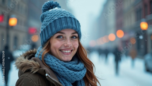 Beautiful happy young woman in blue knitted hat and scarf against winter city background. Banner.