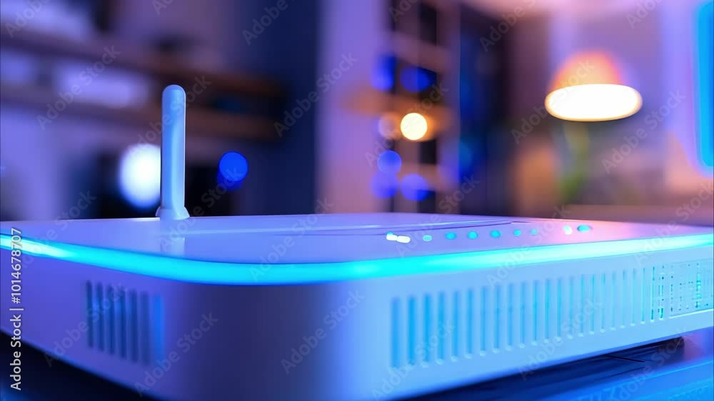 A white wireless router with blue LED lights, set in a modern indoor environment with soft lighting.