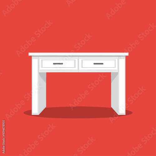White Desk with Two Drawers on Red Background