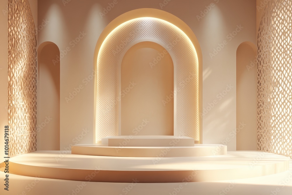 A minimalist interior with soft lighting and archways, designed for presentations or events. A minimalist interior with soft lighting and archways, designed for presentations or events.