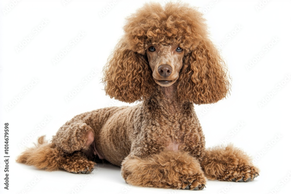 well-groomed poodle sits proudly with its luxurious curly coat, exuding elegance and charm, perfectly highlighted by a clean white background that enhances its features. well-groomed poodle sits proudly with its luxurious curly coat, exuding elegance and charm, perfectly highlighted by a clean white background that enhances its features.