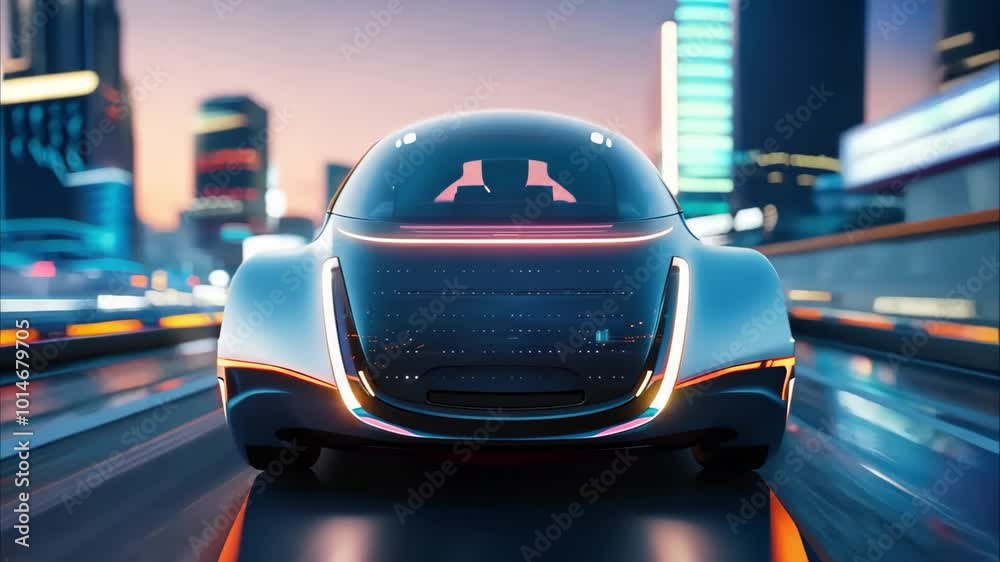 A futuristic autonomous car driving through a vibrant, illuminated cityscape at dusk. A futuristic autonomous car driving through a vibrant, illuminated cityscape at dusk.