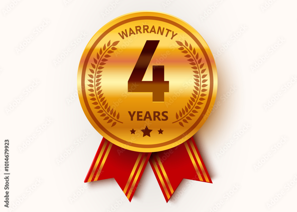 4 Years Warranty. Warranty Sign. Golden medal with ribbons. 4 Years Warranty. Warranty Sign. Golden medal with ribbons.