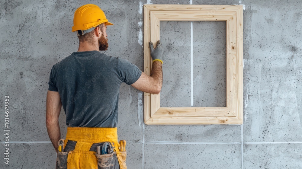 A construction worker prepares a wooden frame for a window on a concrete wall, showcasing craftsmanship and building skills. A construction worker prepares a wooden frame for a window on a concrete wall, showcasing craftsmanship and building skills.
