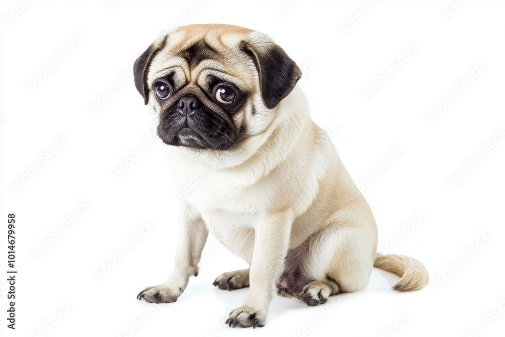 lovable pug sits serenely, showcasing its adorable wrinkled face and distinct curled tail. This endearing pet exudes charm and sweetness in a minimalist setting. lovable pug sits serenely, showcasing its adorable wrinkled face and distinct curled tail. This endearing pet exudes charm and sweetness in a minimalist setting.